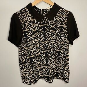 Le Lis Anthropologie Geometric Collared Short Sleeve Blouse Black Women’s Medium